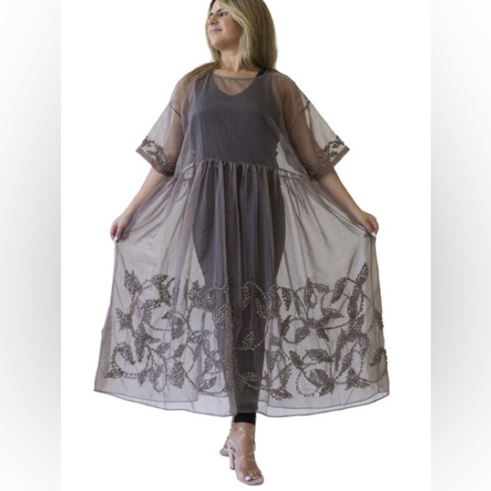 Randi & Will Pirouette Dress Mink Sheer Fantasy Hand Embroidered Chenille Fawn